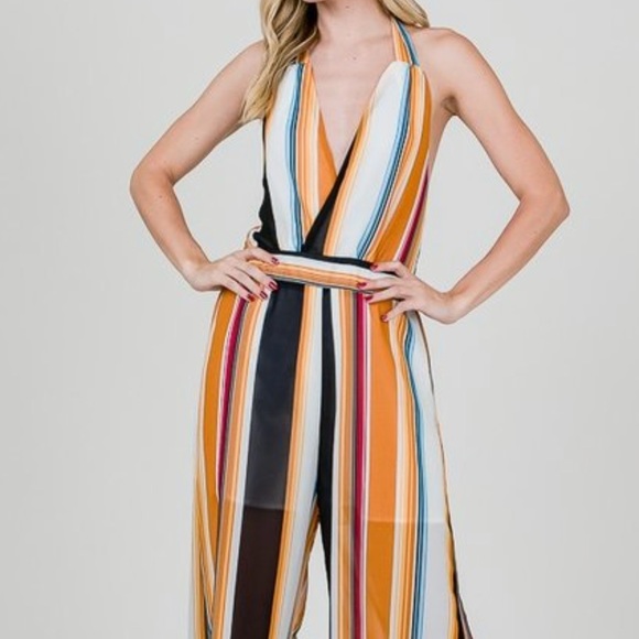STRIPE PRINT HALTER OPEN BACK PALAZZO JUMPSUIT - Picture 5 of 8